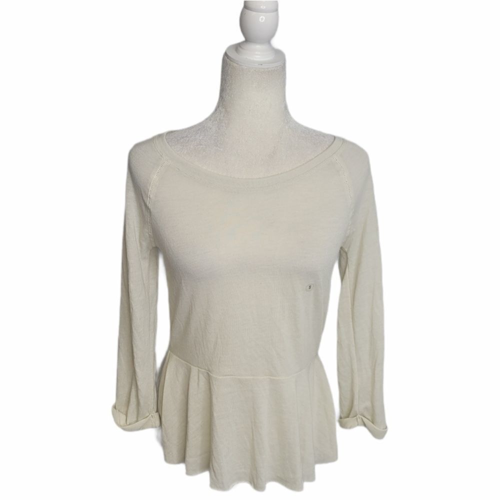 NEW AERIE cream ivory peplum button back 3/4 sleeve bateau‎ neck top S